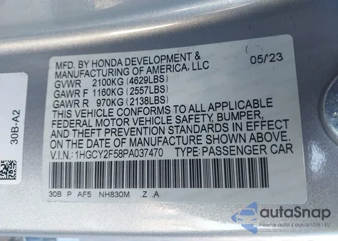 2023 Honda Accord Hybrid Sport из США, поврежденный, VIN 1HGCY2F58PA037470